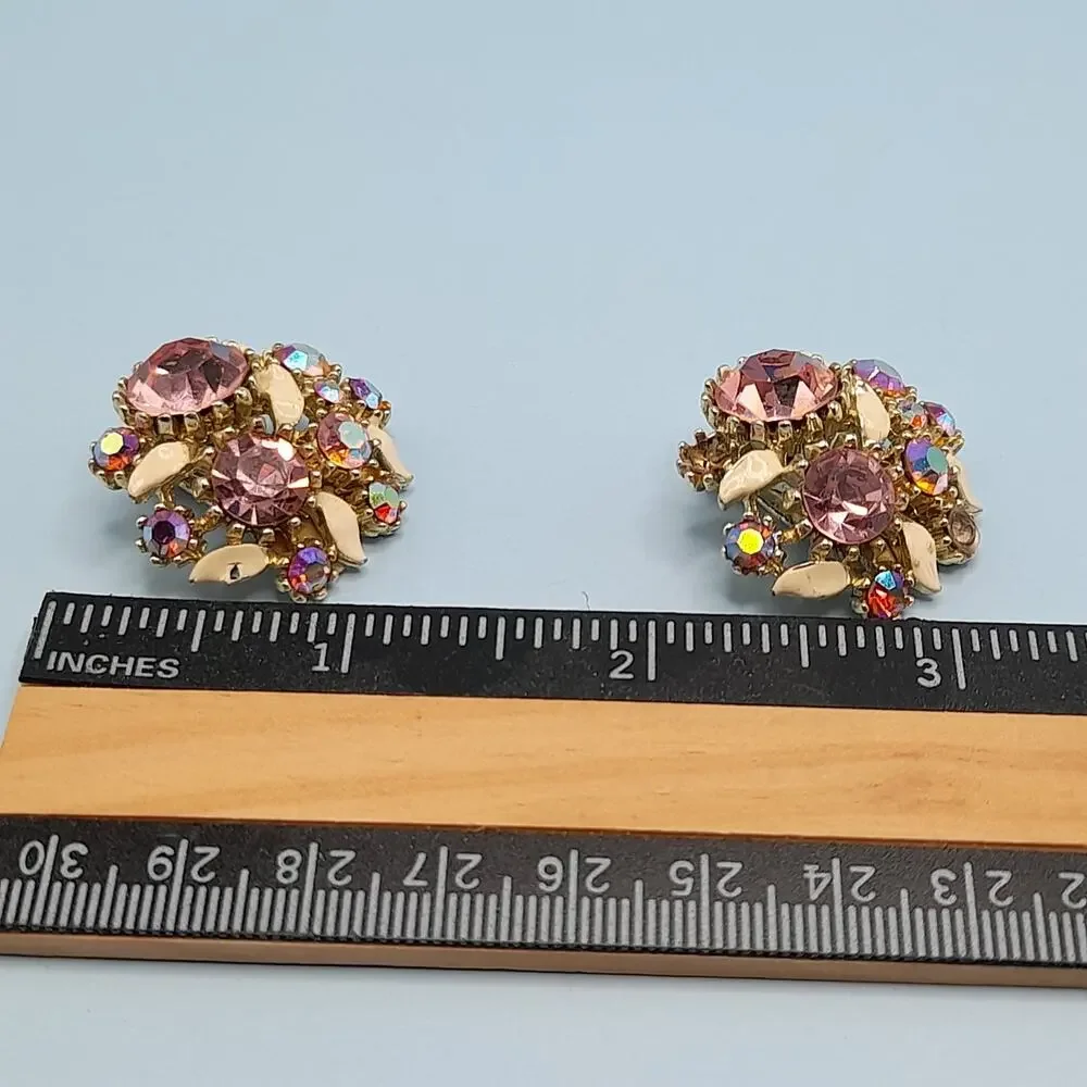 Vintage Arthur Pepper ART Pink Rhinestone Clip Earrings, Aurora Borealis, 1 1/8